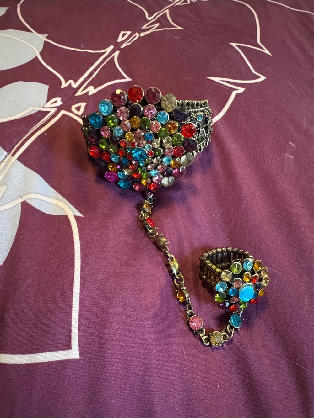 Multicolor Crystal Hand Chain Bracelet with Ring - Women's Accessories